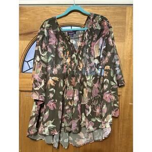Roaman's Brown floral print sheer pleated tunic top 22W